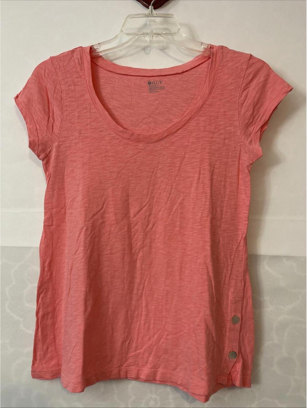 Hue Womens Medium Pink Short-Sleeved Cotton-Blend Lightweight Shirt! A5413